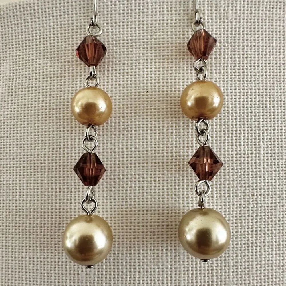 Faux pearl brown crystal long earrings
